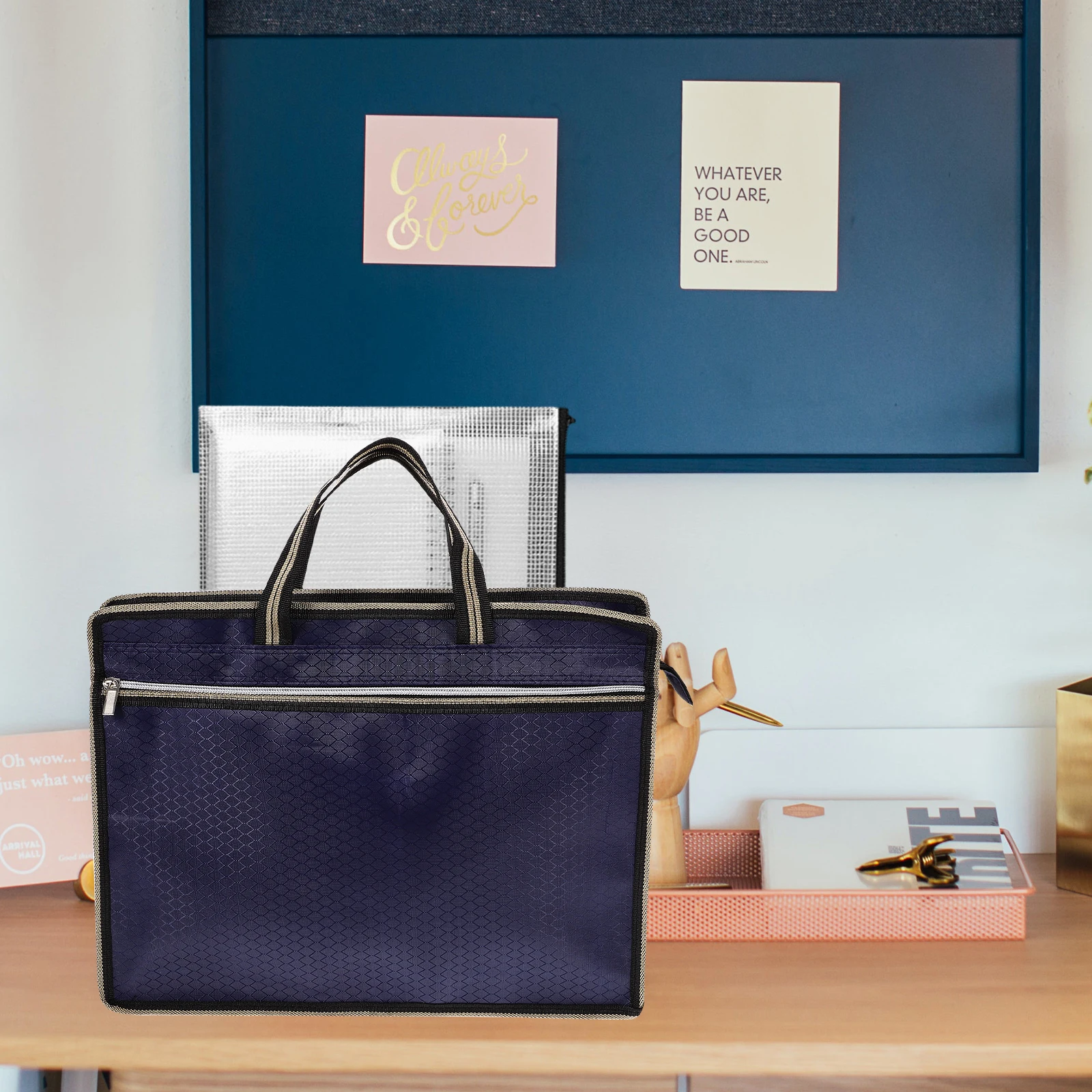 

Oxford Cloth File Bag Zipper Document Organizer Teachers Students Workers Storage Pouch Dark Blue Folders with Pockets