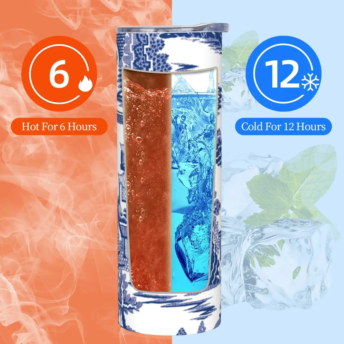Blue Willow Ancient Ming China Chinoiserie Stainless Steel Tumbler Vacuum Insulated Mug Thermal Cold Cup Straw With Lid 20oz
