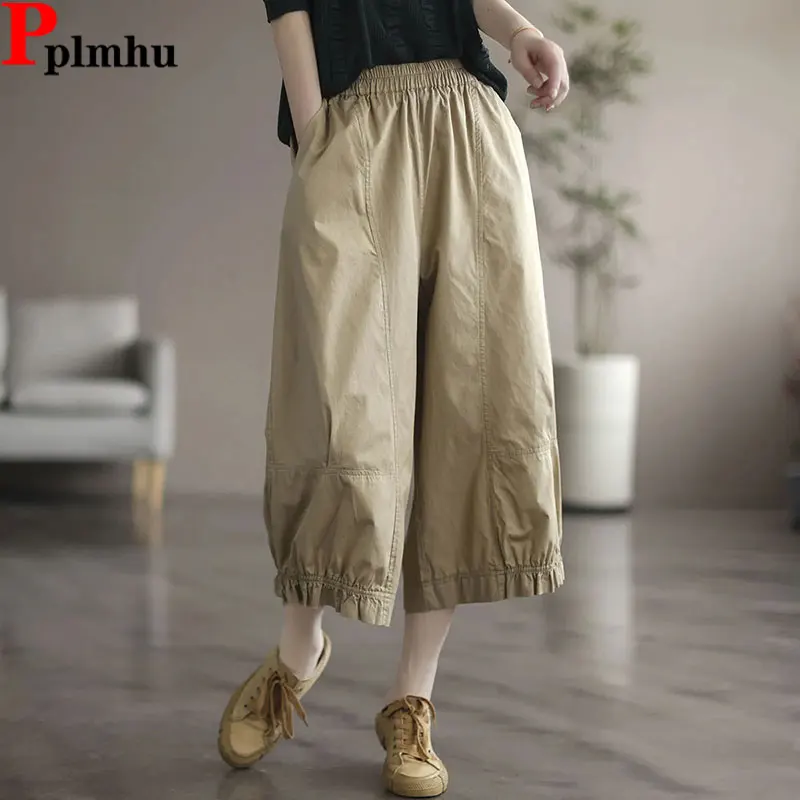 

Vintage Summer Calf-length Wide Leg Pants Casual Baggy Trousers Big Size 80kg Women Spodnie Elastic High Waist Thin Pantalones