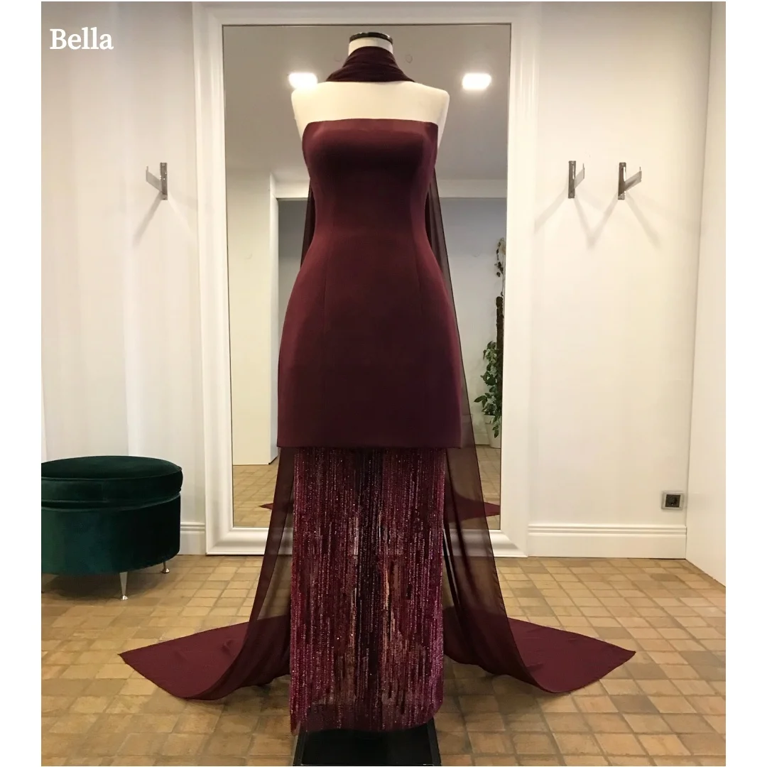 

Bella Индивидуальные красные длинные шелковые шарфы с бисером, вечерние платья без бретелек, платье для выпускного вечера длиной до пола с открытой спиной, 2025
