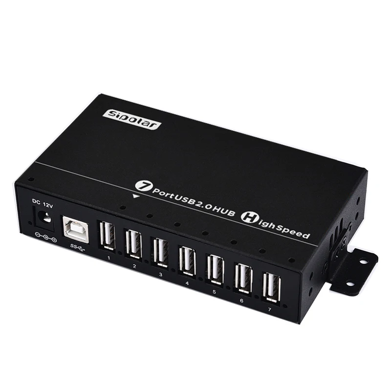 Sipolar A-172 Industrial USB 2.0 HUB Design With 36W 12V3A Power Adapter Aluminum 7 Ports USB Charger Port Hub Black