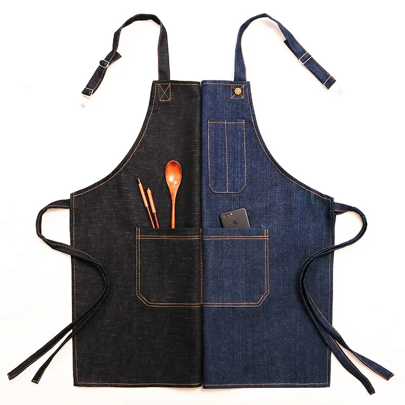 Custom Print Denim Apron Barista Hairdresser Canvas Workwear For Kitchen Baking Painting Unisex