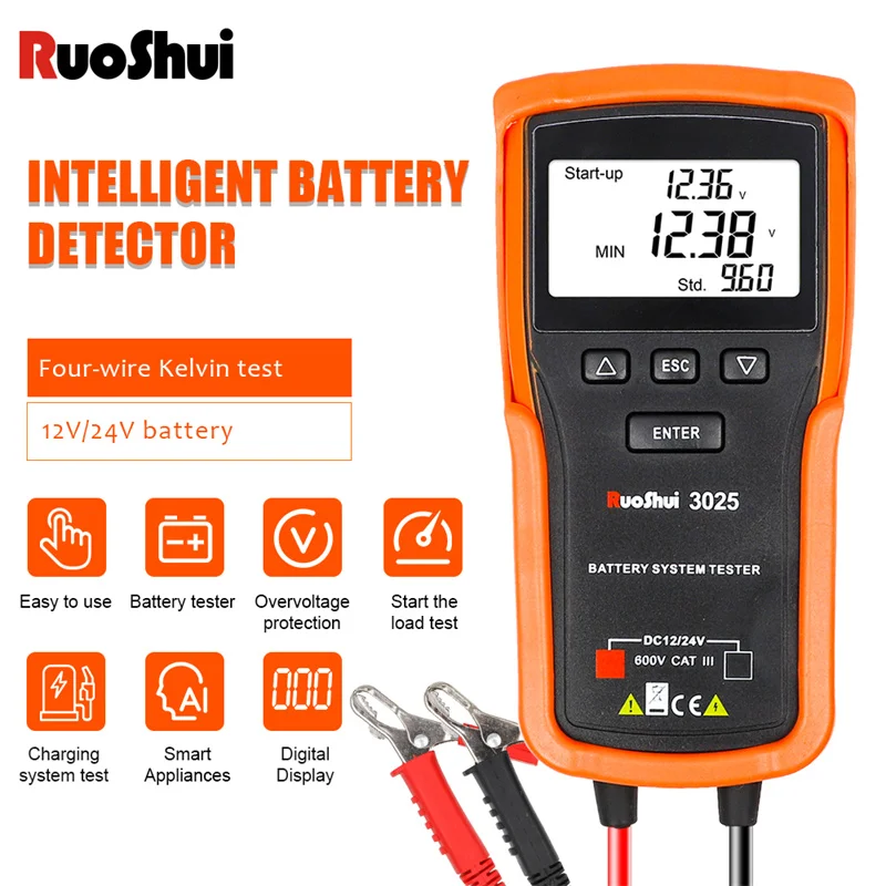 

RuoShui 3025 Battery System Tester 12V 24V DC Charger Multimeter Analyzer Capacity Load Meter Cranking System Test 100-1700 CCA