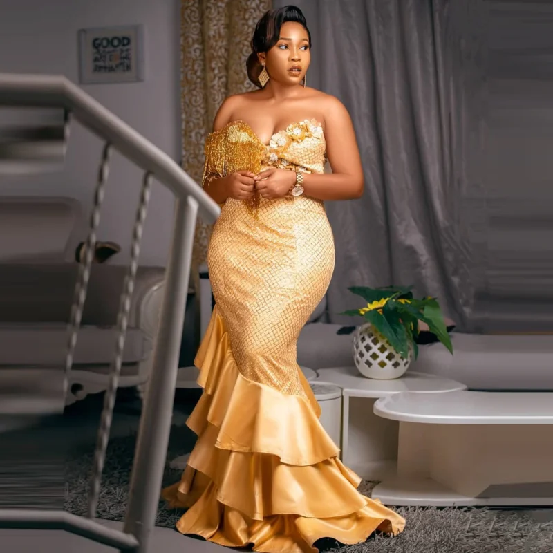 Gold Mermaid Evening Dresses Aso Ebi Style Prom Gowns Mermaid Lace Ruffles Wedding Gown African Women Tassels Party Dress 2023