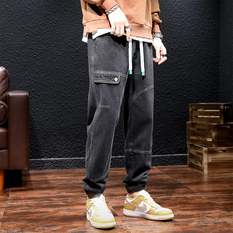 Plus Size Herren Jeans Streetwear String Banding Denim Cargo hose Stretch Baumwolle Baggy Jeans hose plus Größe 6xl 7xl 8xl