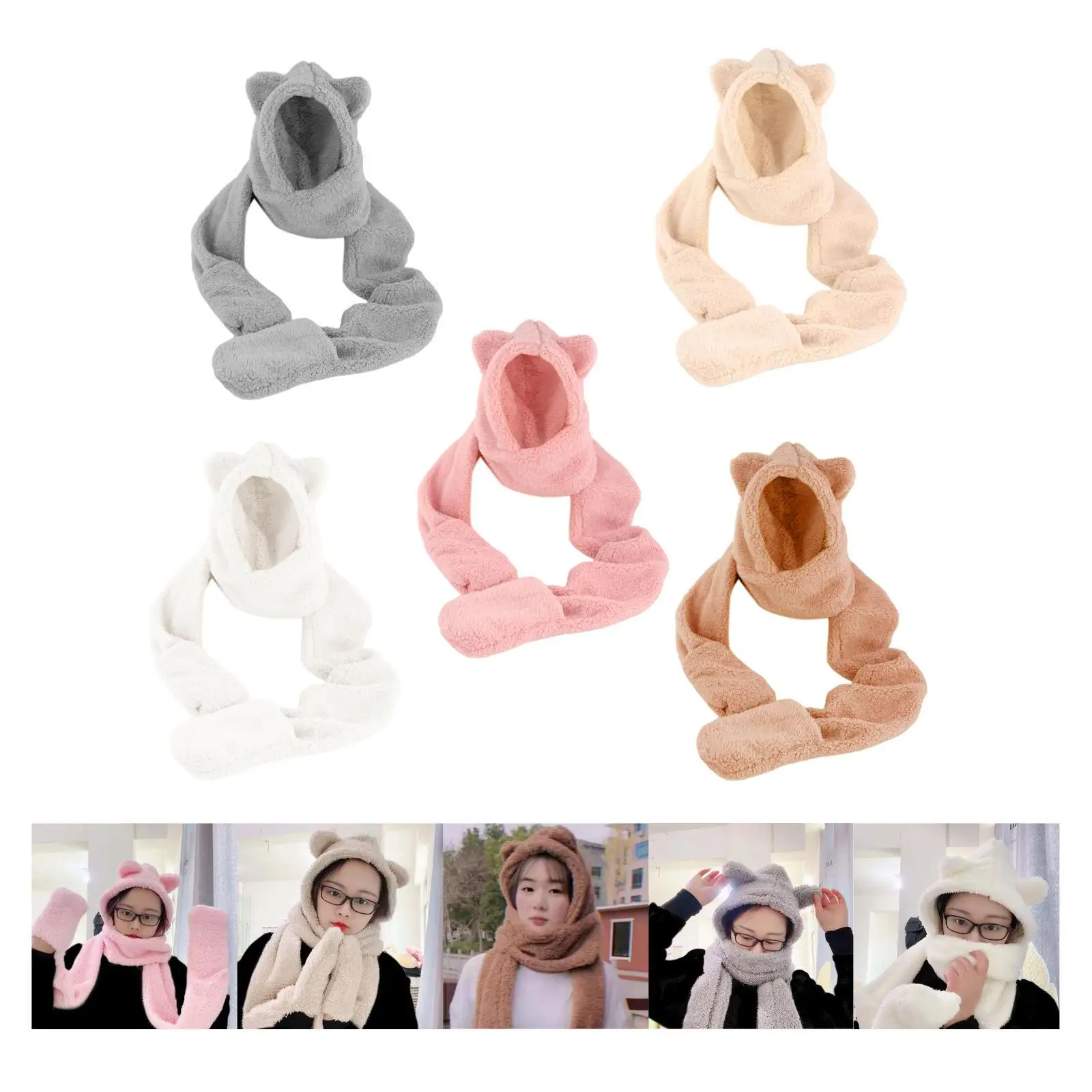 Women Girls Cute Animal Winter Hats 3 in 1 Hoodie Gloves Scarf Set