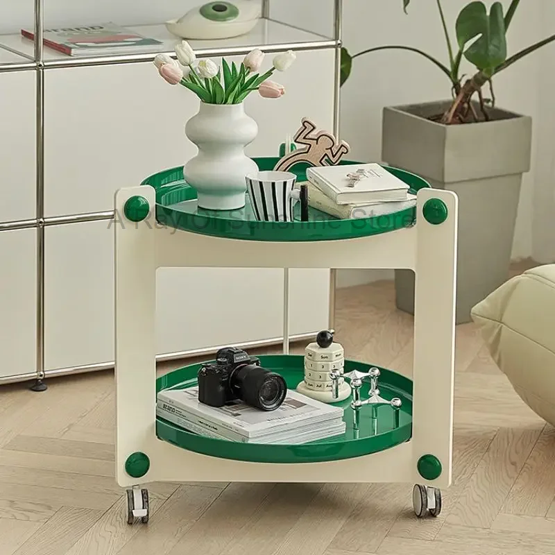 2-Tier Thickened ABS Rolling Cart ,Multi-Functional Storage Trolley for Living Room ,Round Side Table with Wheels , W25 * H:25.3