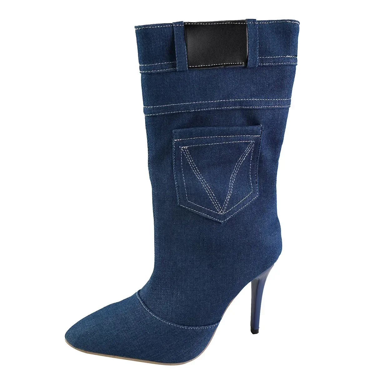 Stivali da donna Retro Tacchi alti Donna Stivali da cavaliere a punta di grandi dimensioni Donna Moda Denim occidentale Botas De Mujer Zapatos 2024