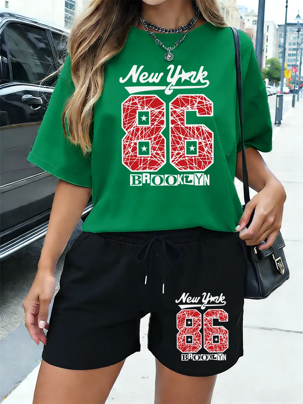 

New York Brooklyn Number 86 Prints Cotton Tops Shorts Womens Casual Two Pieces Set T-Shirts Pants Summer Oversize O-Neck Clothes