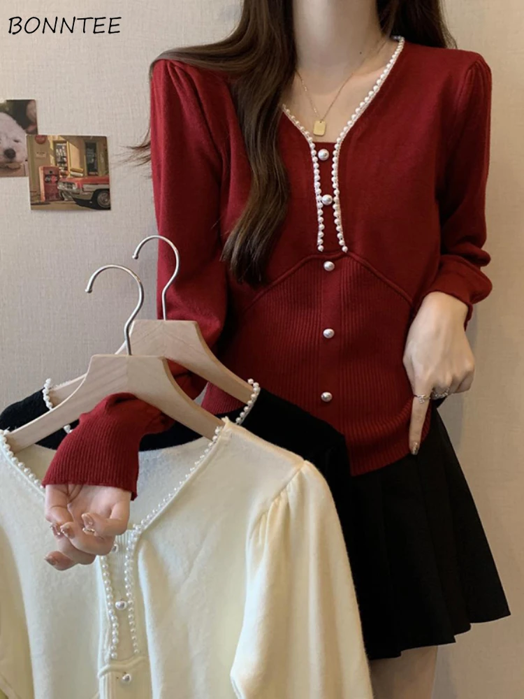 

Pullovers Women Solid V-neck Trendy Knitted Casual Autumn Christmas Beading Design Age-reducing Temperament Inner Top Classy