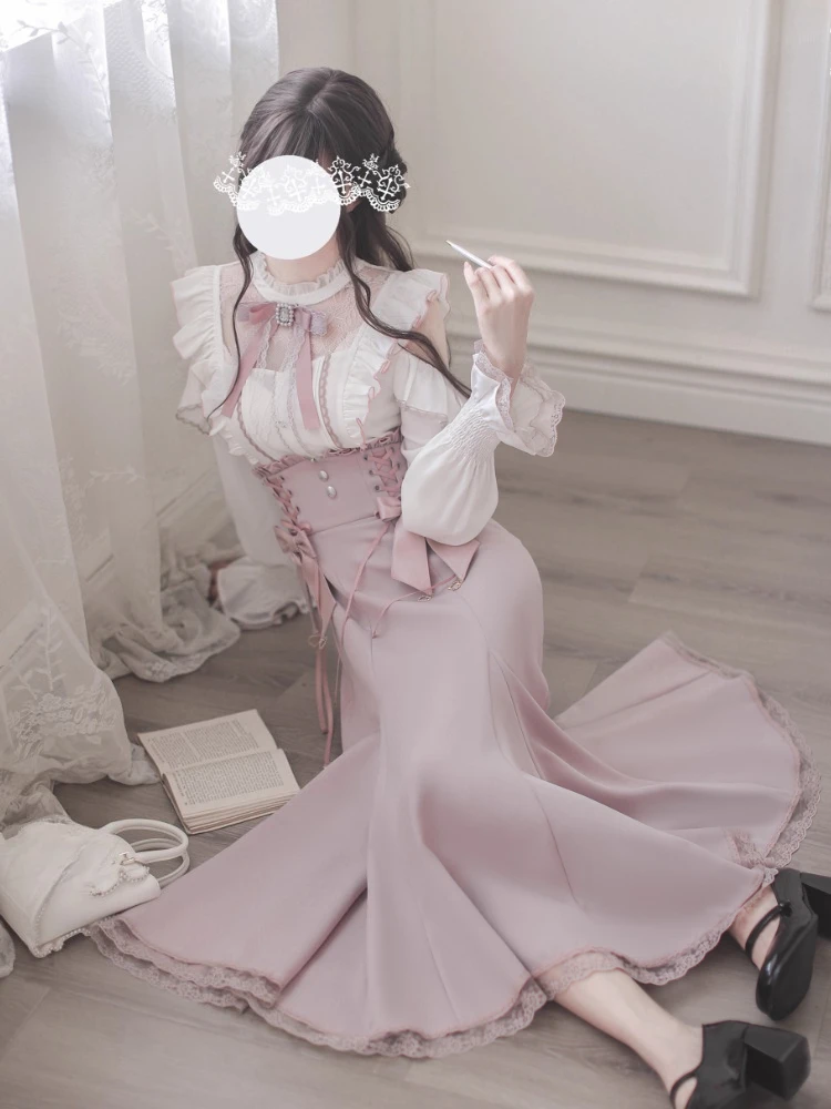 Japanese Sweet Lolita 2 Piece Sets Women Casual Bow Design Y2k Shirt + Elegant Midi Skirts Harajuku Fashion Lace Lovely Outfits
