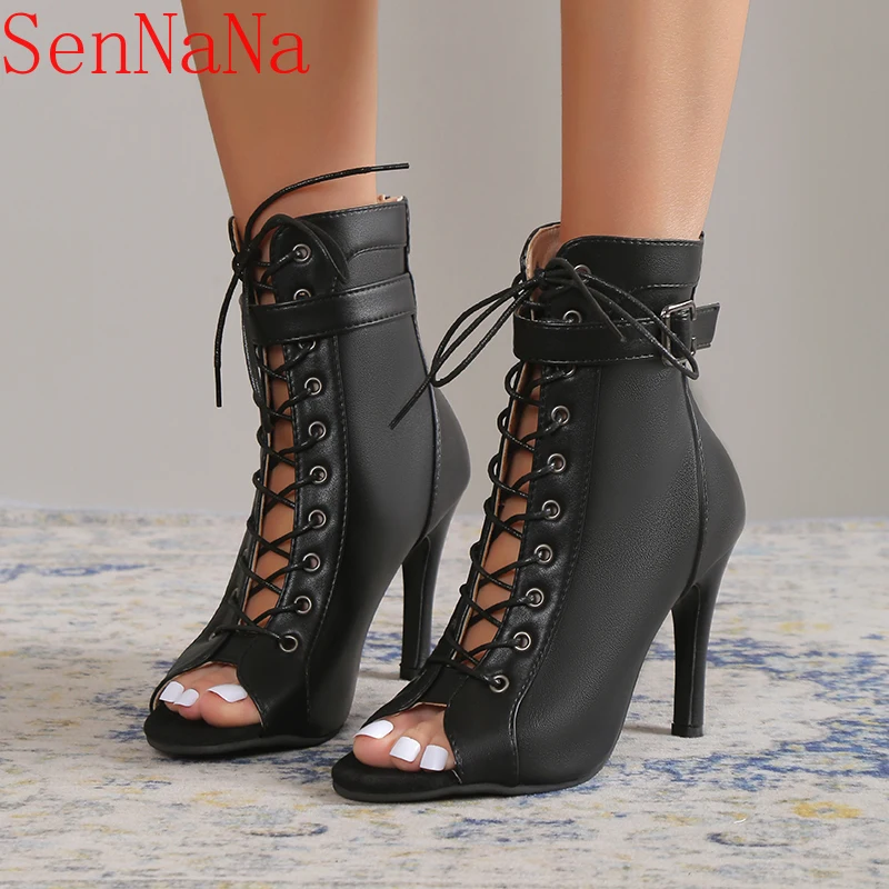 Sandali da donna moda Sexy tacchi alti sottili Open Toe Zipper scarpe da ballo Summer Ballroom Dance Short Boots donna Plus Size 43