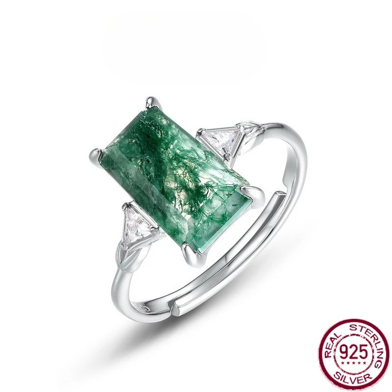 

New S925 pure silver green moss stone inlaid rectangular car flat water grass agate finger ring wedding jewelry