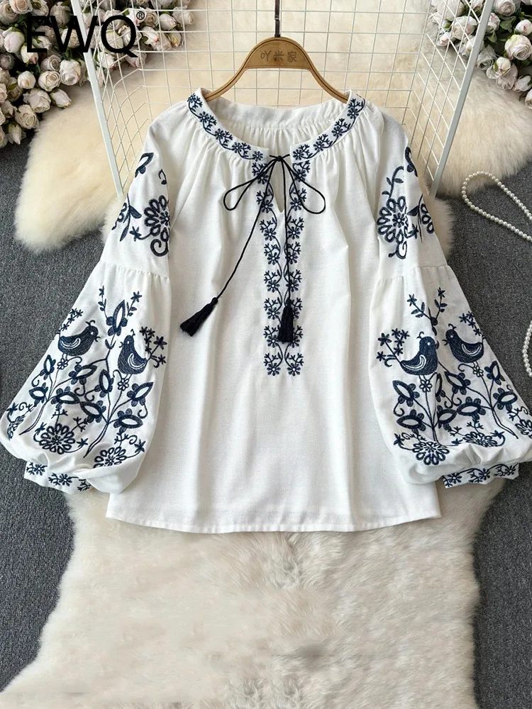 Sleeves Fashion Tops Bohemian Style 2024 Summer New Embroidered Design Loose Blouse Women Lace-up Collar Lantern