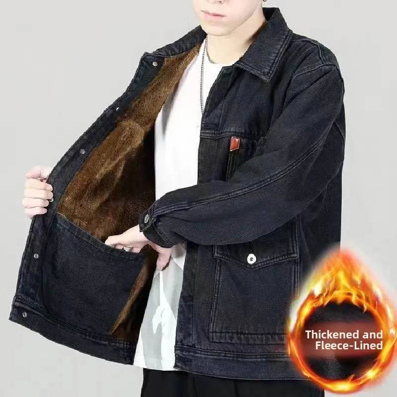 Men's Denim Jacket Workwear Welding Resistant Fleece Lined Autumn Winter Thickened Casual Style Multi Pockets Cotton Blend