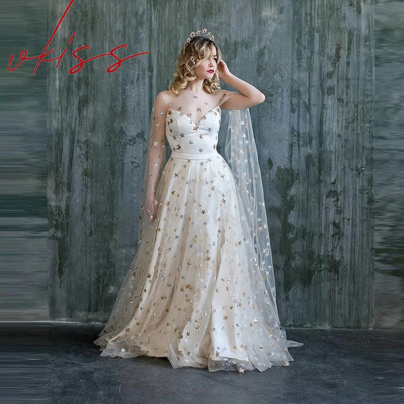 Eleganti abiti da sposa a-line 2022 con stelle di paillettes argento e oro Illusion abiti da ballo da sposa da ballo da sera formale Vestidos