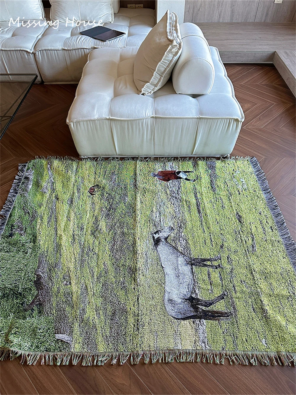 Retro Grassland Steppe White Horse Cotton Woven Blanket Tapestry Rug Home Decro Personalized Gift Sofa Cover Mat Rug