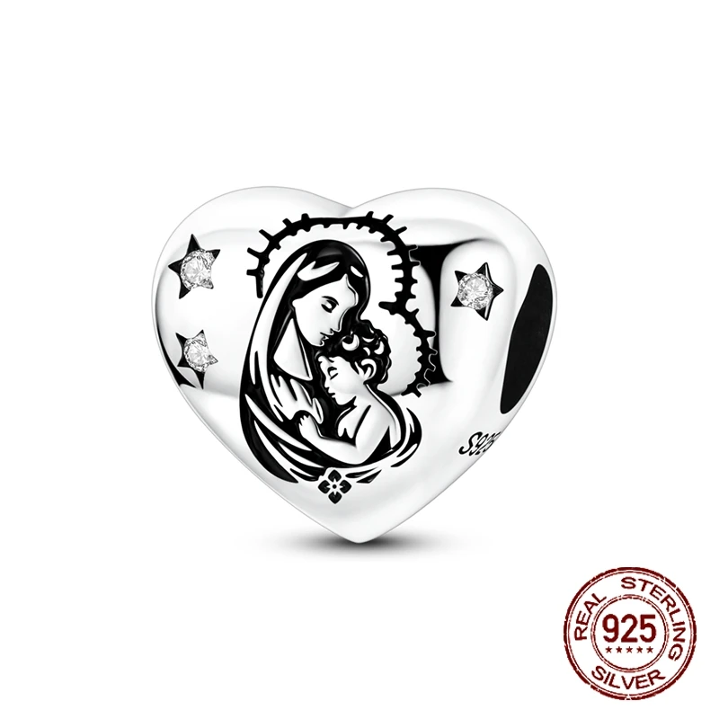 

Бусины-шармы из стерлингового серебра 925 пробы «Мадонна и Дитя» в форме сердца, религиозный талисман, подходят для оригинальных браслетов-шармов, женские украшения, подарок для самостоятельного изготовления украшений