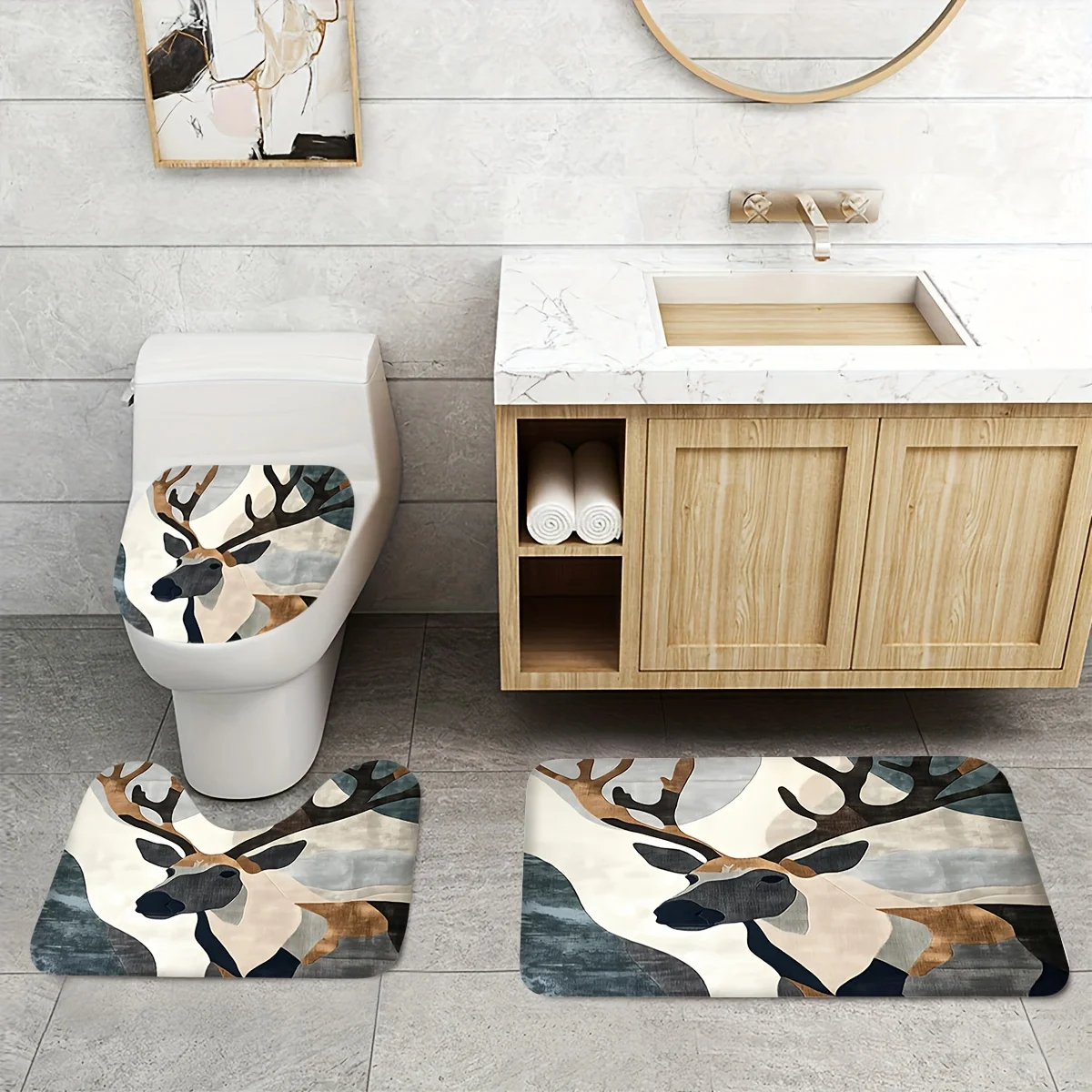 

3pcs Modern Abstract Deer Bathroom Set with Toilet Cover & U-Shaped Mat - Soft Flannel Texture, Beige Brown Blue Gray Muted Tone
