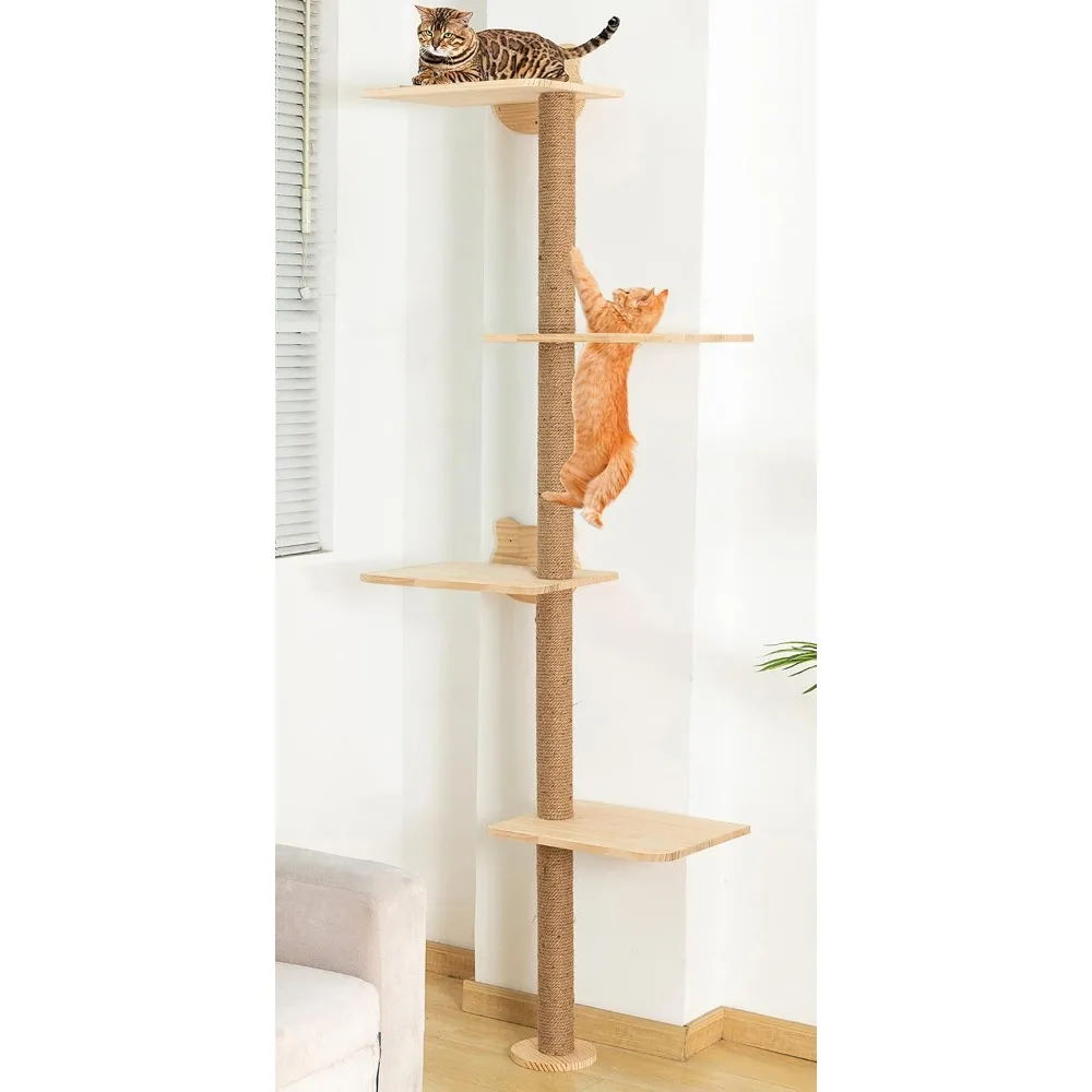 Cat Tree Wall Mounted Tall Scratching Post for Indoor Cats Climbing Tower Activity Wood Cat Wall Furniture 73 inch