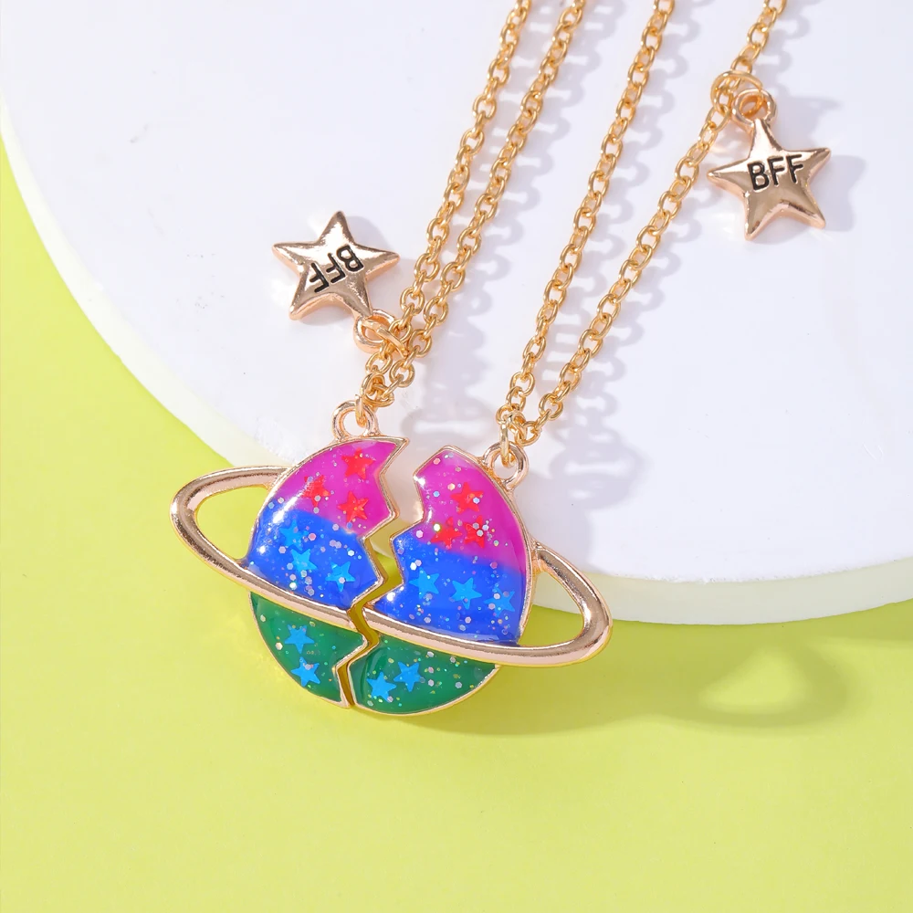 2 Pcs Glitter Enamel BFF Charm Necklace Set Matching Earth Best Friends Pendant Chain For Girls Soul Mate Space Friendship Gift