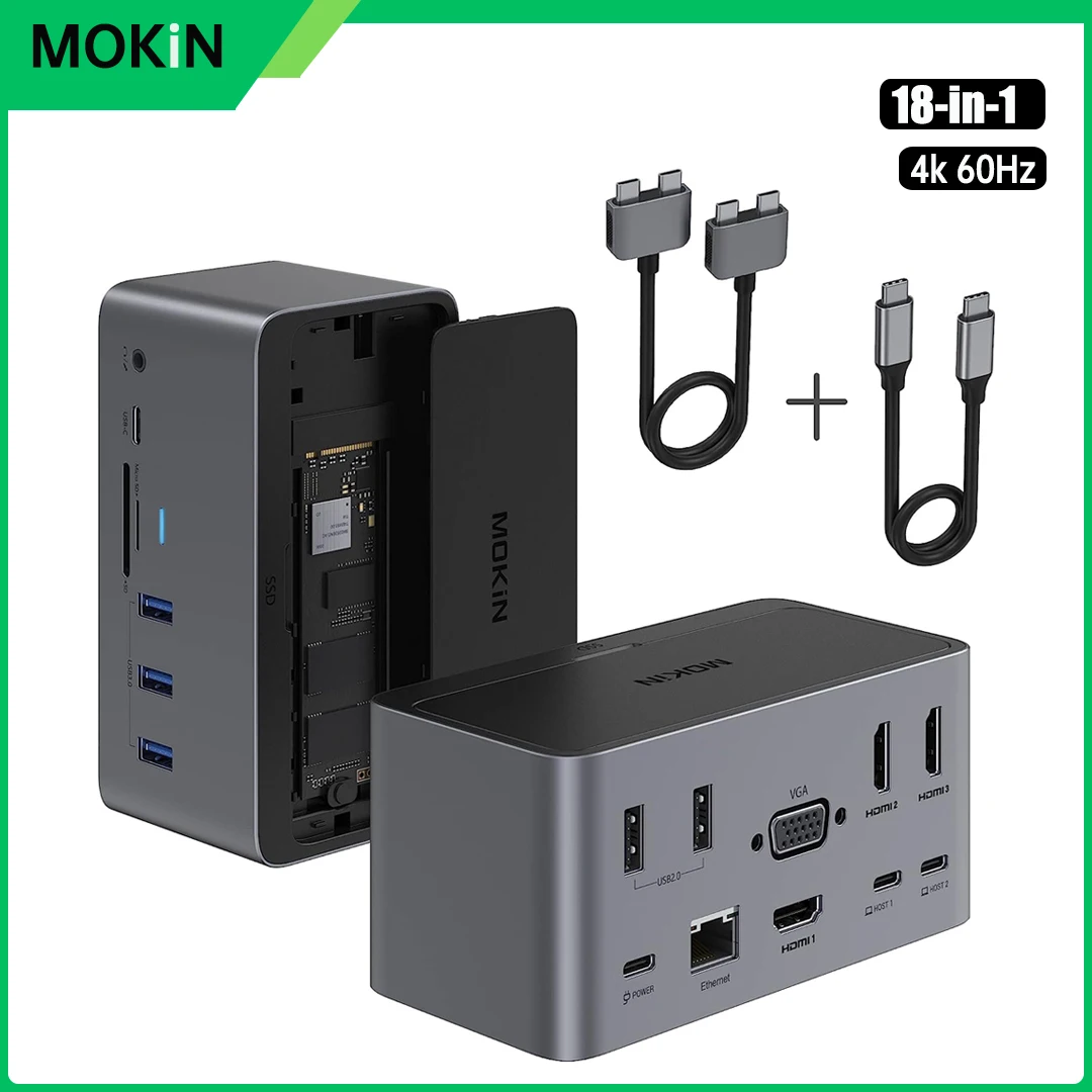 

MOKiN Docking Station USB C Adapter with Dual HDMI,SD/TF,VGA,RJ45,Thunderbolt 3,Audio,SSD Enclosure,for MacBook ipad Pro/Air 4K