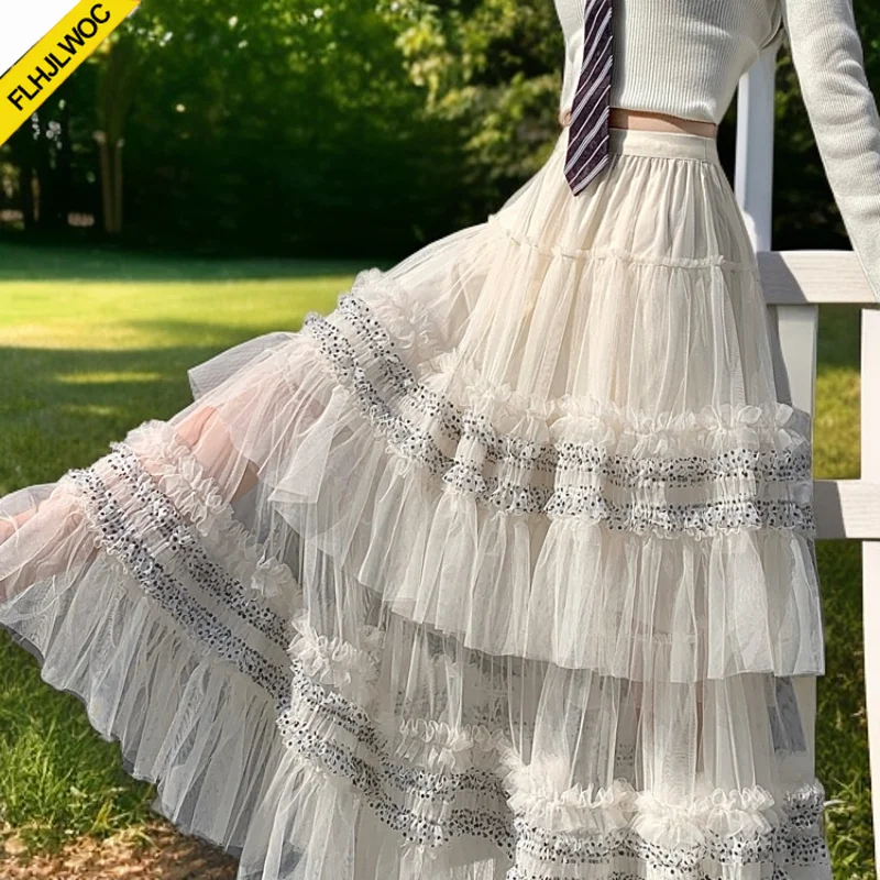 Princess Cute Sheer Mesh Long Maxi Skirts Romantic Women Ruffles A Line Tulle Lace High Waist Flared Maxi Sweet Bohemian Skirts