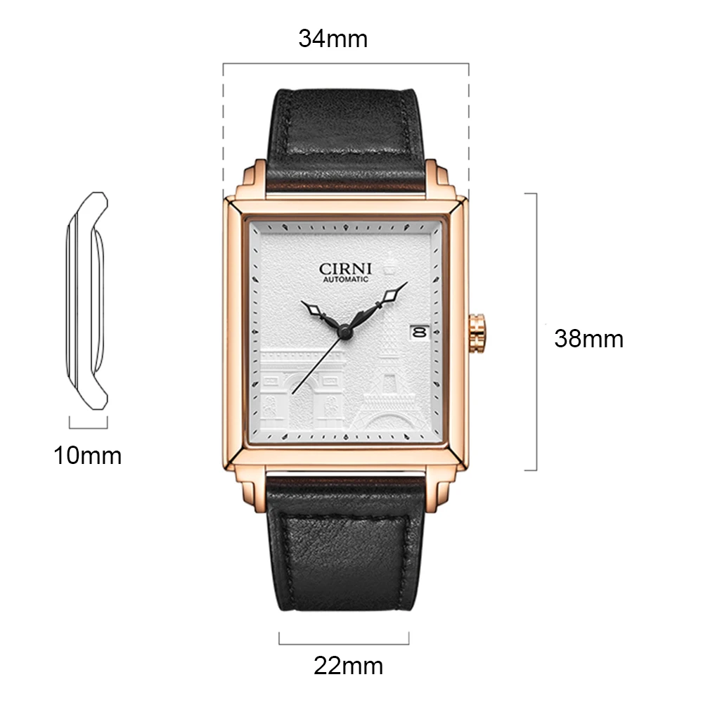 CIRNI Miyota 9015 Automatic Mens Watches Self-Wind Mechanical Wristwatches Luxury Dress Top Brand Rectangle Business Watch New