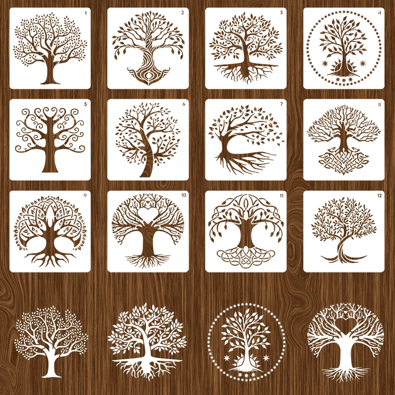 12pcs Tree Stencils Set Tree of Life Stencil for Painting on Wood Airbrush Natural Plants Small Palm Tree Drawing Templates