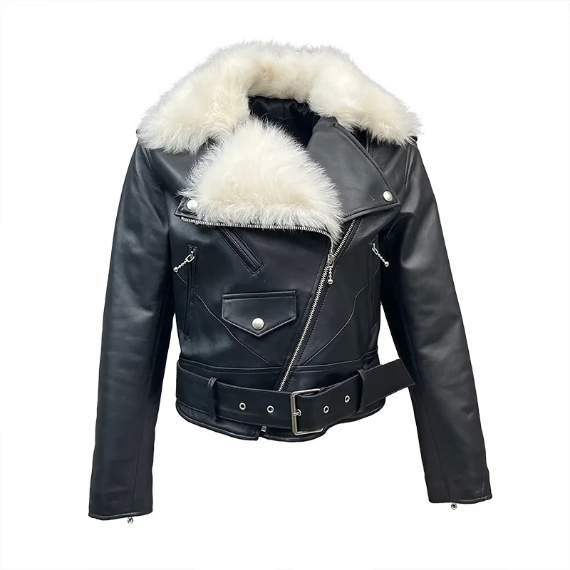 

Lady Luxury Leather Jacket 2023 New Design Women Real Wool Lining Coat Tuscan Wool Biker Jackets Moto GT5543