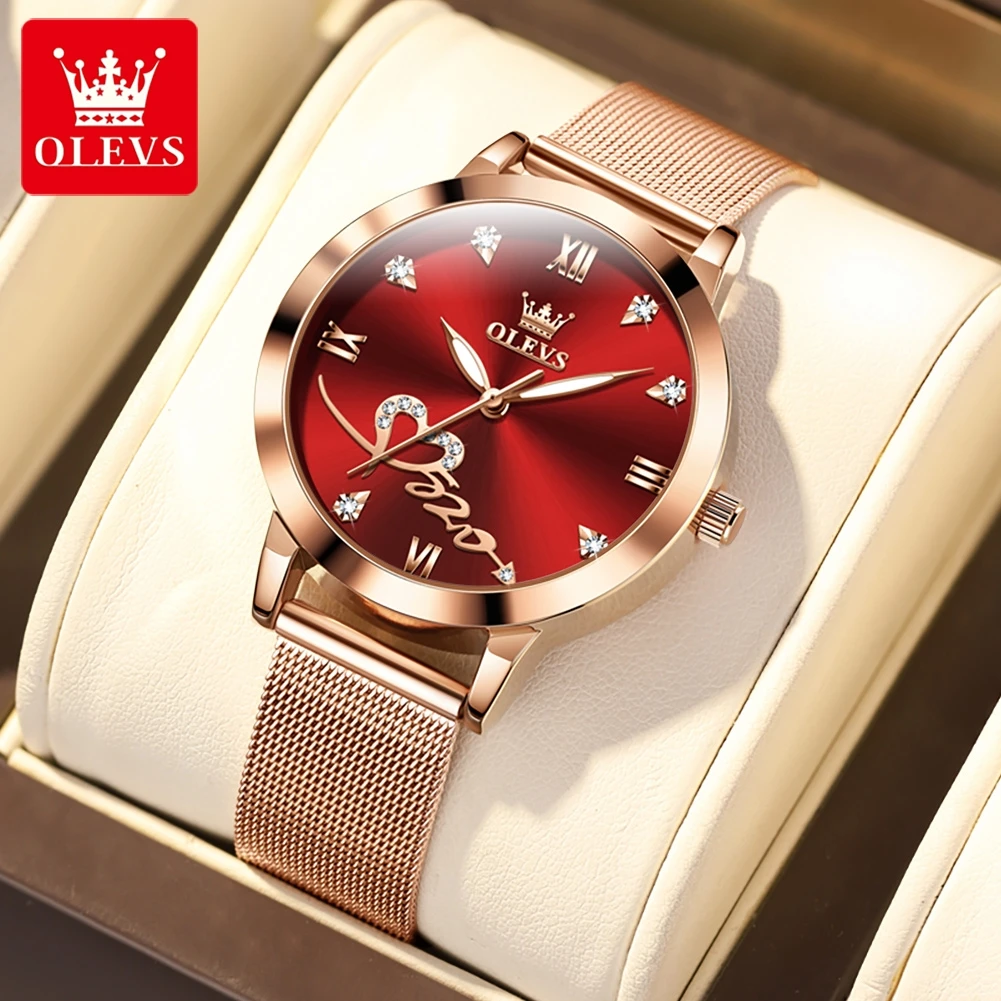 OLEVS Original Luxury Brand Women's Watches Waterproof Milanese Mesh Belt Quartz Watch Red Love Dial Elegant Lady Wristwatch