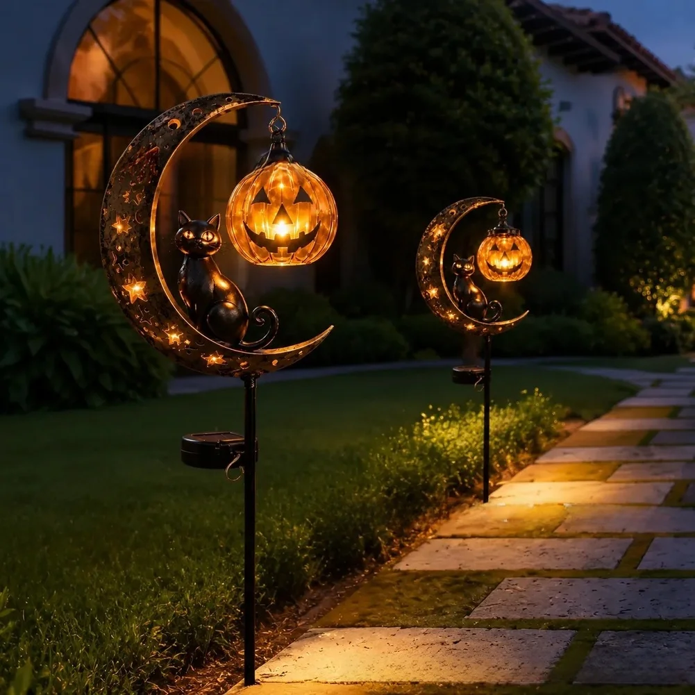 1Pcs Solar-Powered Stake Light Decorative Black Cat & Pumpkin Outdoor Lamp Halloween Lawn Pathway Patio Porch Decoration