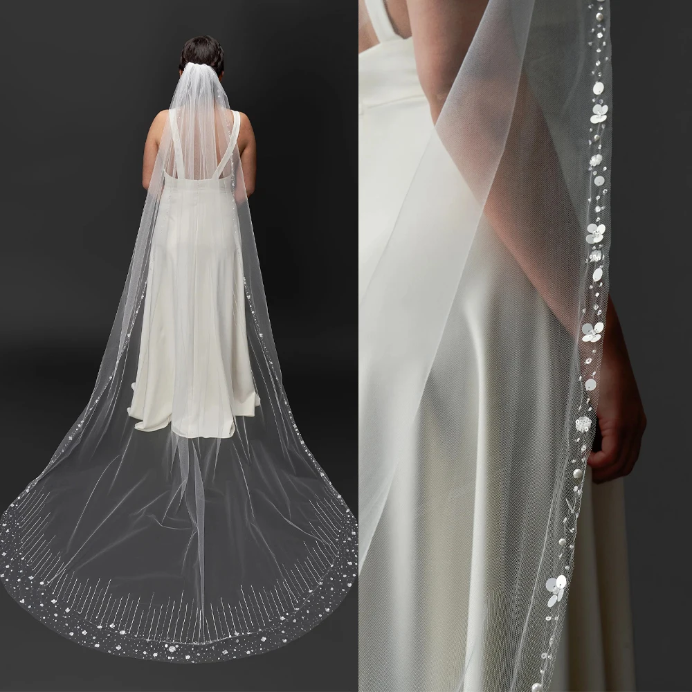 Luxury White Pearl Edge Cathedral Veil with Rhinestone Chain Trim and Radiating Stitch Hem Women Customized V265414
