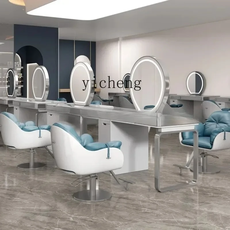 JZ-22   barber shop mirror double-sided four-sided hairdressing mirror table with cabinet marble haircut perm and dye table