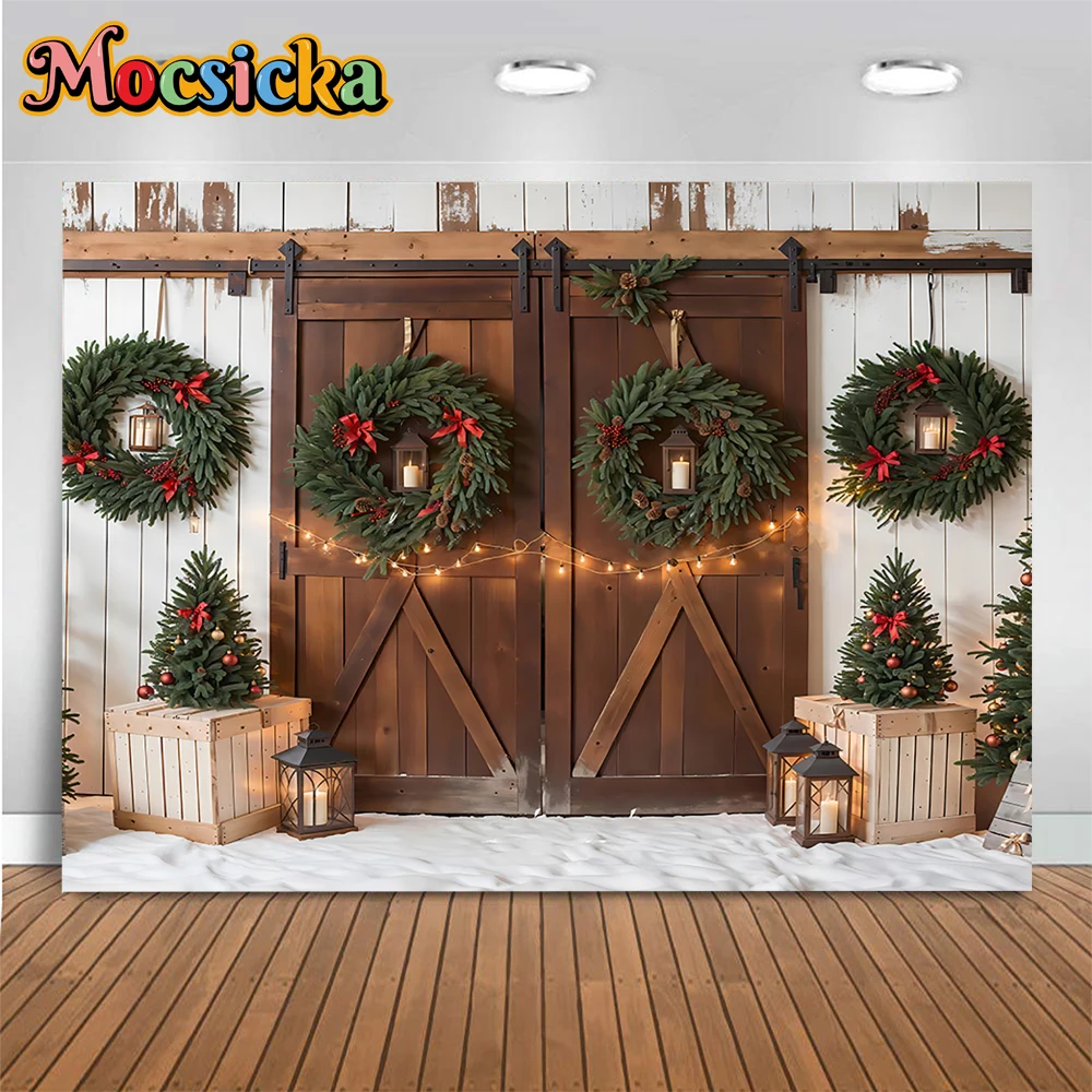 Wooden Barn Door Background Christmas Photography Green Xmas Tree Wreath Backdrop Kids Family Photo Studio Snowy Outdoor Decor