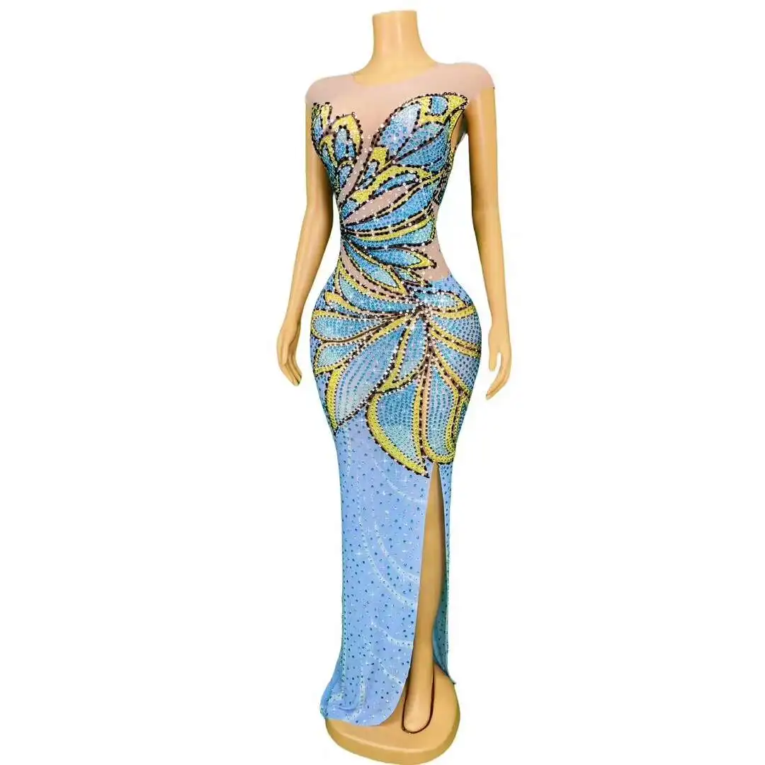 Fancy Blue strass Flower Birthday Celebrate Dress Women Evening Prom Gowns Outfit Collection Stretch Costume Fengdie