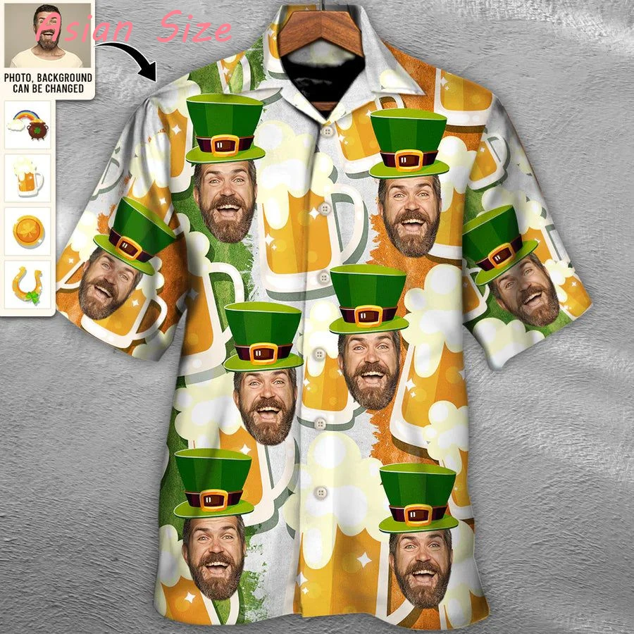 

Custom Face Hawaiian Shirt Unisex Funny Saint Patrick's Day Button Up Shirts 2026 Beach Short Sleeves Lapel Shirts DIY Blouses