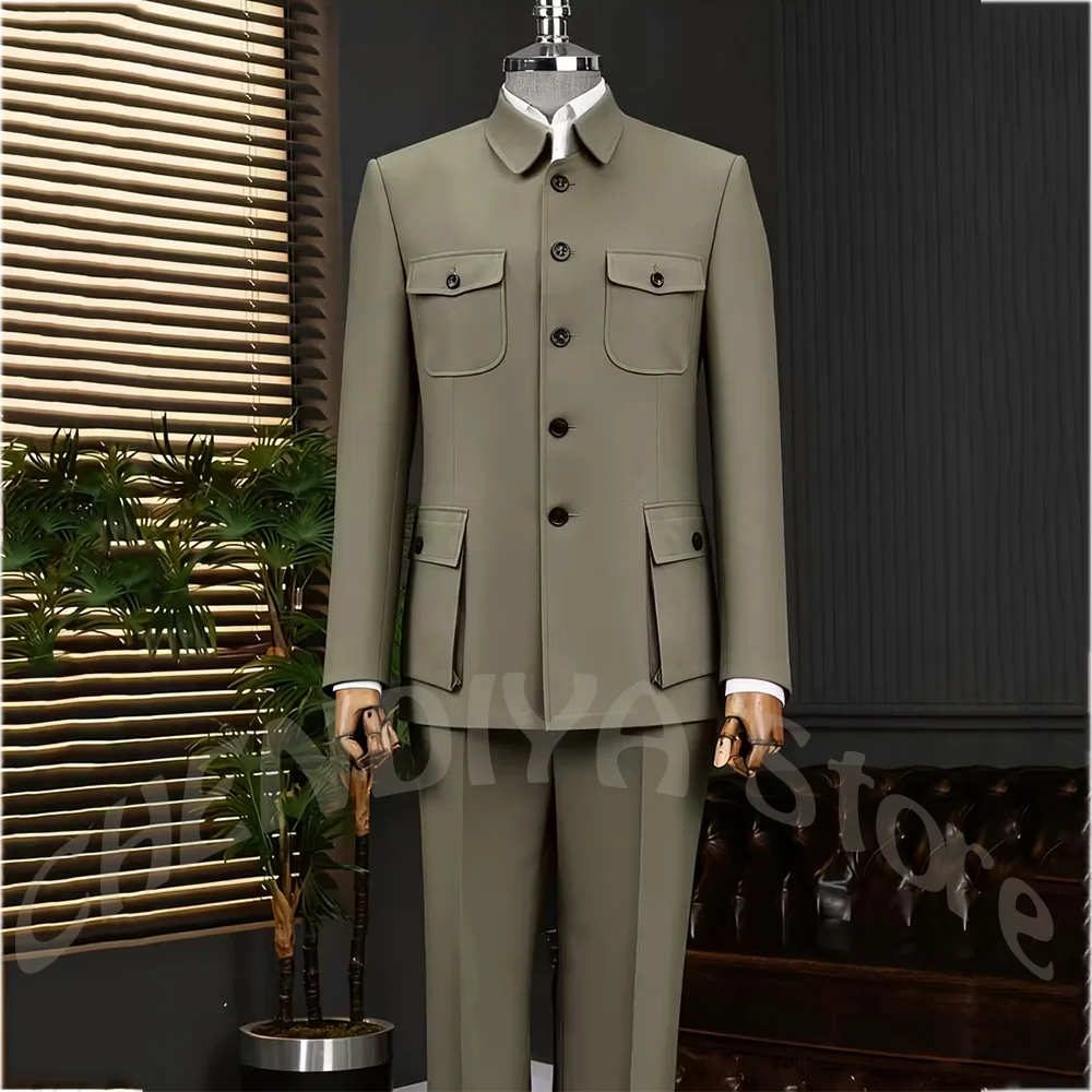 Formal Men's Two Piece Suit Classic Stand Collar Multi Pocket Vintage Business Outfit for Wedding Groom Ceremony Party Event