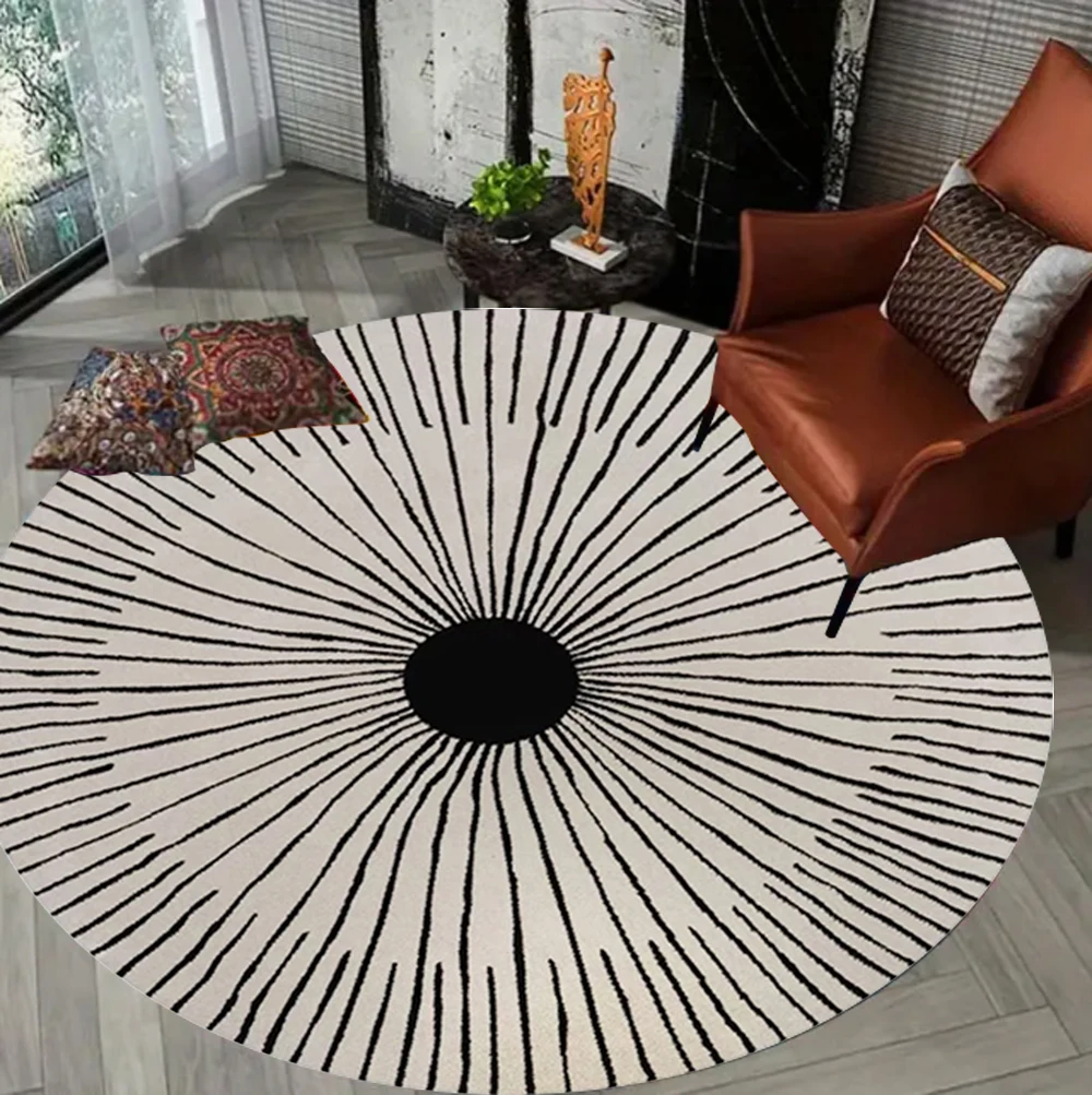 Schwarz-weißer, minimalistischer, moderner, runder Teppich mit Sonnenmuster für Wohnzimmer, Schlafzimmer, Esszimmer, ultraweicher, Shag Boho-Rundteppich