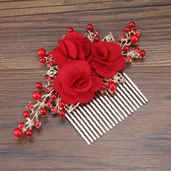 Handmade Crystal Bridal Hair Accessories Beaded Large Wedding Hair Comb Prom Festival Red Flower Headpiece For Bride Women