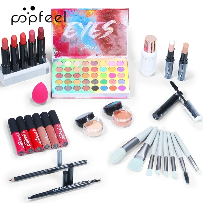 POPFEEL All In One Makeup Kit Cosmetics Set Eyeshadow Palette Concealer Foundation Makeup Brush Eyebrow Pencil Lipgloss Kit