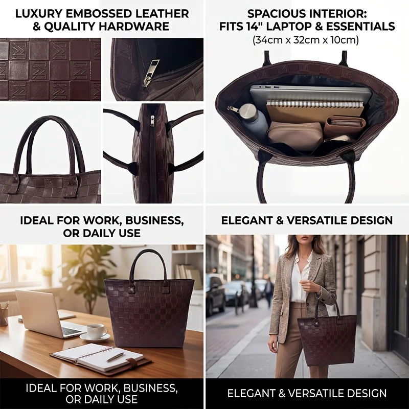 Light Luxury Deep Brown Quilted Pattern Women's Tote Bag, Large Capacity Women's Vintage Woven Style Commuter Handbag - view 3