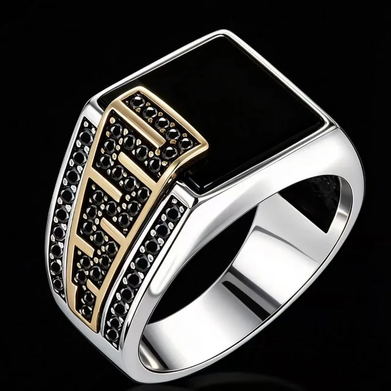 Huajie Square Black Drip Oil Mens Rings Ring Classic Black Zircon Side Punk Party Unique Temperament Men's Ring Jewelry