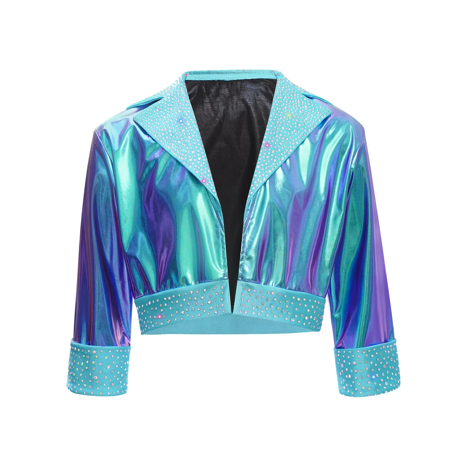 

Kids Girls Jazz Dance Top Outerwear Lapel Collar Long Sleeve Shiny Rhinestones Metallic Jacket Dancewear