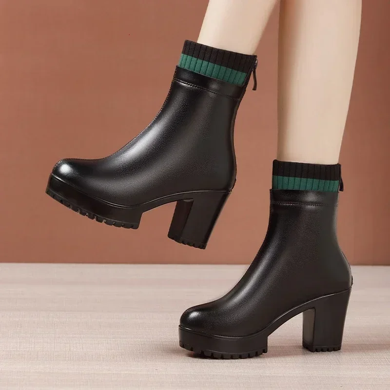 8cm 10cm Small Size 32-43 Stretch Sock Boots Genuine Leather Shoes 2024 Winter Block High Heels Platform Ankle Boots Office Mom