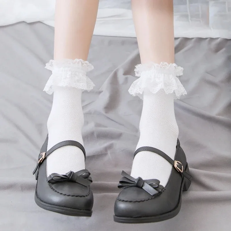 

Women Socks Lace Lolita Jk Japanese Style White Black Solid kawaii Girl Cotton Cute Ankle Socks For Famale носки женские