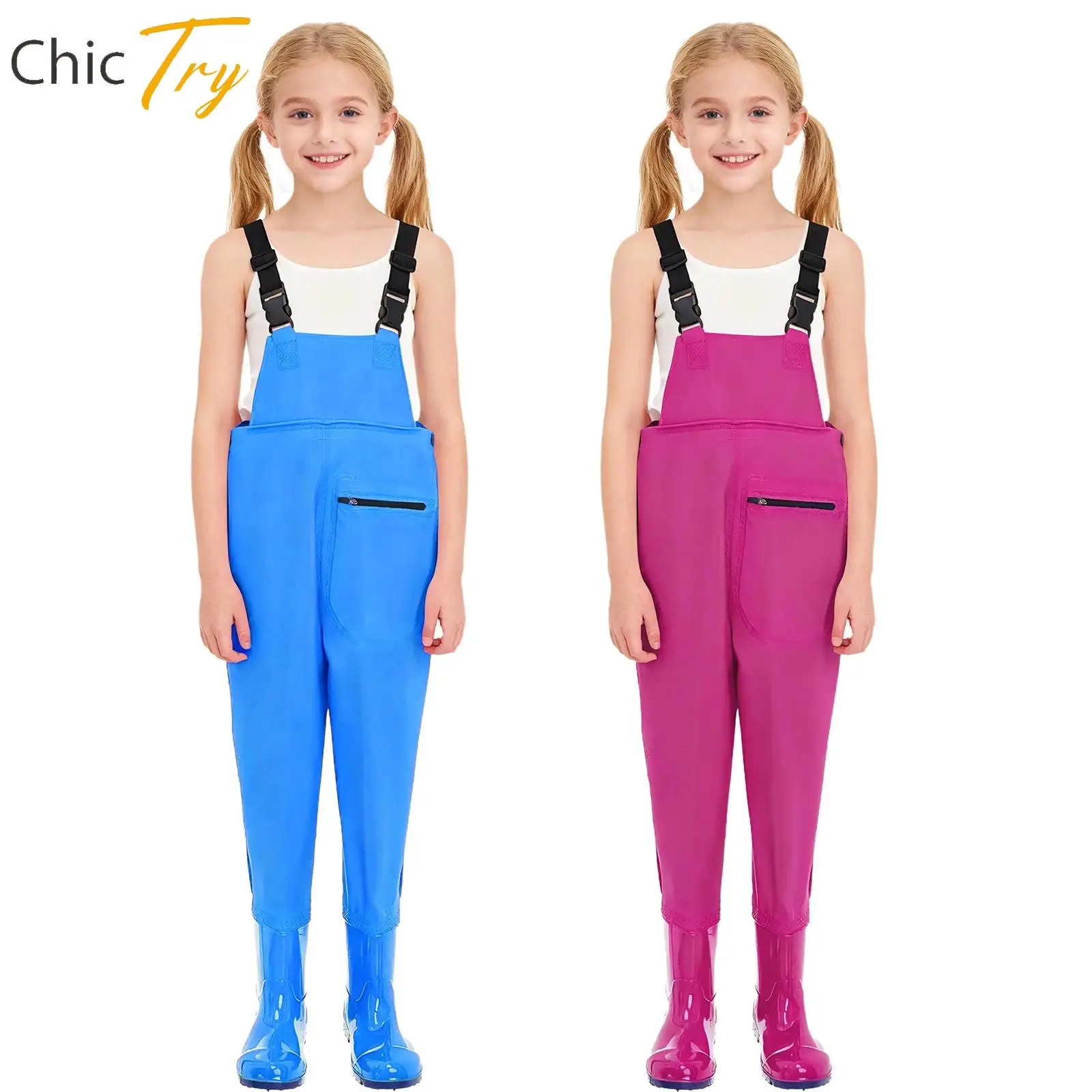 Unisex Kids Outdoor Sports Overalls Fishing Waders Adjustable Buckle Straps Jumpsuit Water-Resistant Overalls+Non-Slip Boots