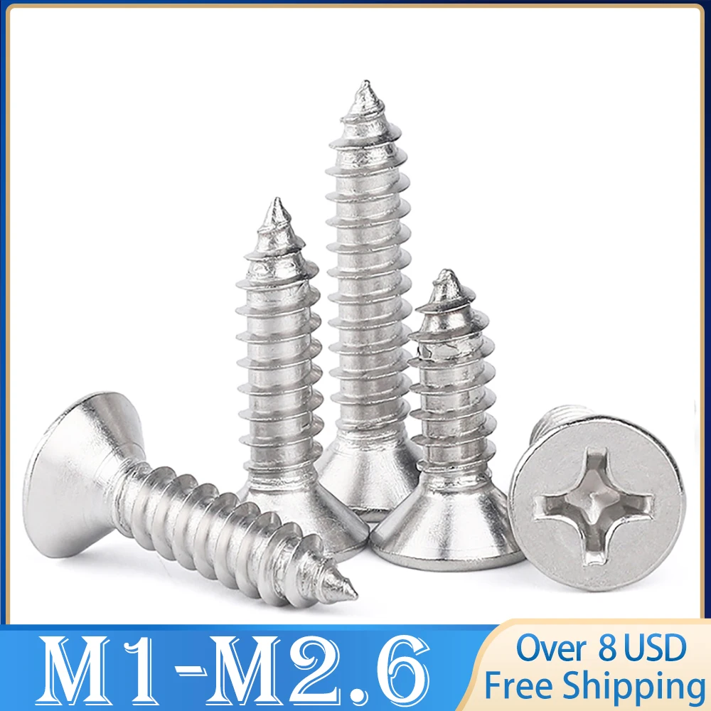 

1000pcs M1 M1.2 M1.4 M1.5 M1.7 M2 M2.6 Mini 304 Stainless Steel Cross Phillips Flat Countersunk Head Self-tapping Wood Screw