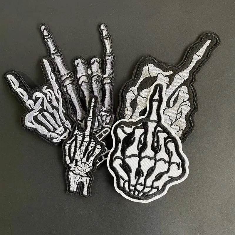 12 Stück/Schwarze Stoff-Applikationen Punk-Patches Thermoklebende Totenkopf-Geisterfinger-Stickereien Aufbügelbare Aufkleber für Kleidung, Jacken – Detail 3