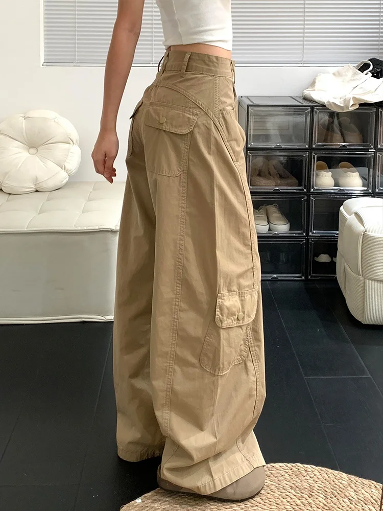 بنطلون عمل أمريكي بمقاسات كبيرة للنساء، تصميم عصري متعدد الجيوب، بنطلون جينز مستقيم وواسع الساق بخصر عالي وتأثير تنحيف